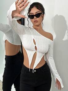 SHEIN Unity 不對稱領前鏤空短款T恤 - 白色 - 查看 4