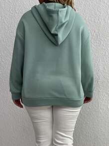 SHEIN LUNE Plus Size Letter Graphic Kangaroo Pocket Drop Shoulder Drawstring Sweatshirt Thermal - Green - View 2