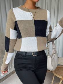 SHEIN LUNE Color Block Drop Shoulder Knit Pullover Fall Winter Sweater - Multicolor - View 1
