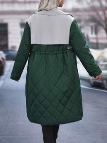 SHEIN LUNE Contrast Color Cinched Waist Padded Padded Coat Clothes Winter - Dark Green - View 2