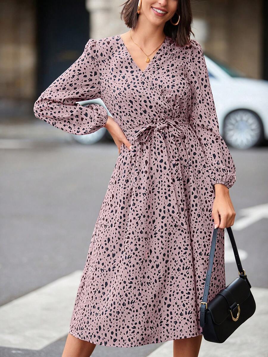 SHEIN Clasi 女士波點印花燈籠袖連腰帶連衣裙 - 粉色 - 查看 1