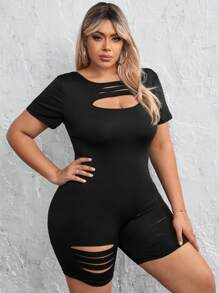 SHEIN SXY Plus Size Hollow Out Design Slim Fit Romper - Black - View 5