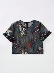SHEIN Unity 荷葉邊袖口刺繡網紗薄透上衣 - 彩色 - 查看 5