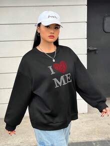 SHEIN EZwear 大尺碼女款黑色針織鑲鑽字母圖案圓領運動衫 - 黑色 - 查看 5