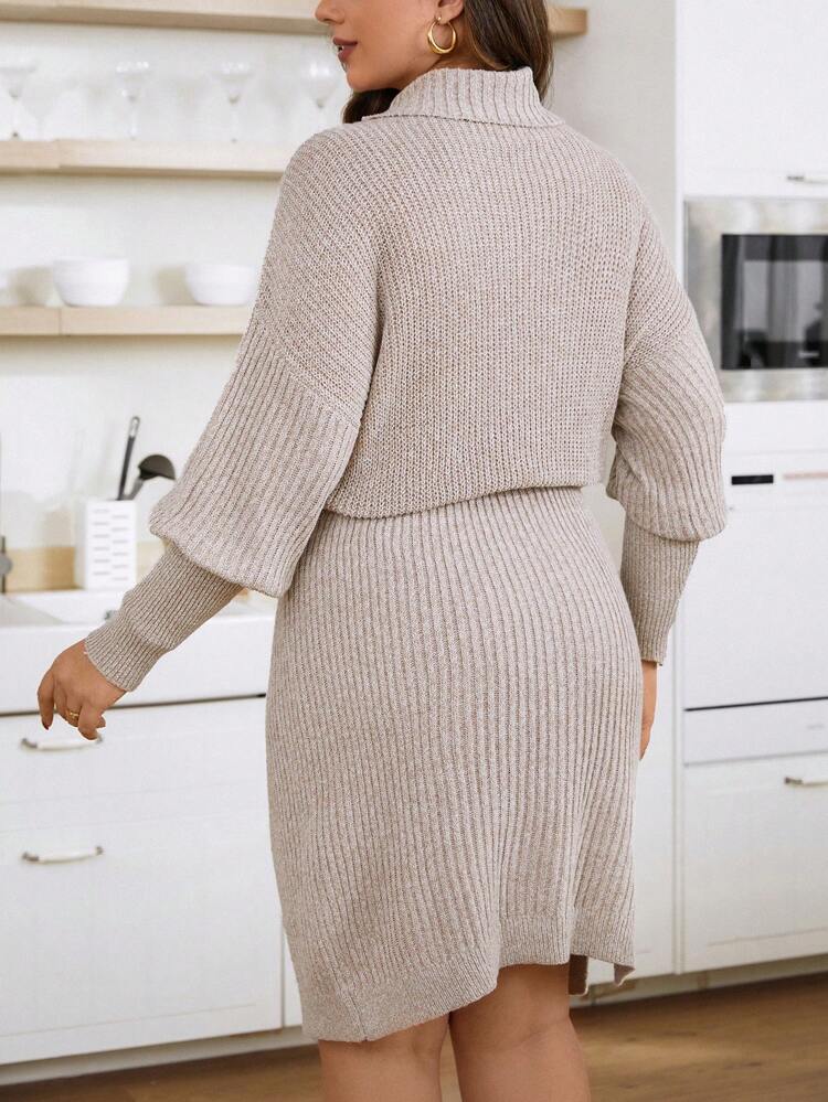 Plus Turtleneck Drop Shoulder Split Hem Sweater Dress Fall Cloth For Women