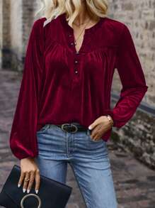 SHEIN Clasi 鋸齒領口圓球袖t恤 - 酒紅色 - 查看 1