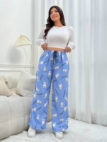 SHEIN EZwear 大碼女士字母和小熊印花束口腰可愛褲子 - 彩色 - 查看 4