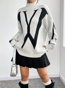 Flirla Áo len nữ cổ đứng, họa tiết chữ cái, kiểu dáng dệt kim, thích hợp cho mùa thu đông. - trắng - Xem 4