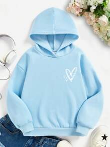 SHEIN Moletom de lã com capuz de manga comprida com estampa de coração casual para meninas adolescentes, adequado para outono e inverno