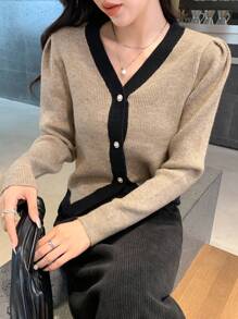 DAZY Contrast Trim Puff Sleeve Cardigan - Khaki - View 1