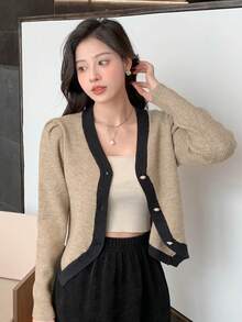 DAZY Contrast Trim Puff Sleeve Cardigan - Khaki - View 7