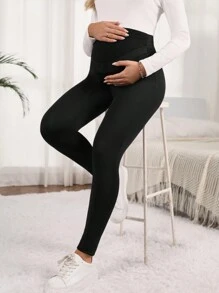 SHEIN 孕婦素色可調節腰圍緊身打底褲 - 黑色 - 查看 4