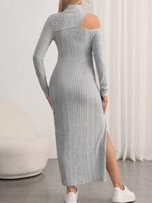 SHEIN Thai sản Cổ cao Cắt ra Tách đùi Đầm - Màu Xám nhạt - Xem 4