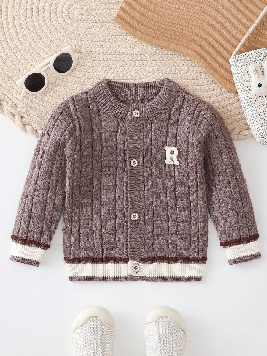 Đứa bé trai Thư được vá Sọc trang trí Nút Lên Áo len Mở - Lạc đà - Xem 1