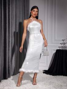 SHEIN Allurite Lá sen tỉa Lấp lánh Halter Neck Đầm - Bạc - Xem 3