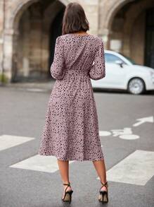 SHEIN Clasi 女士波點印花燈籠袖連腰帶連衣裙 - 粉色 - 查看 2