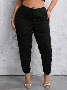 SHEIN SXY 大碼腰部抽繩褶邊長褲 - 黑色 - 查看 1