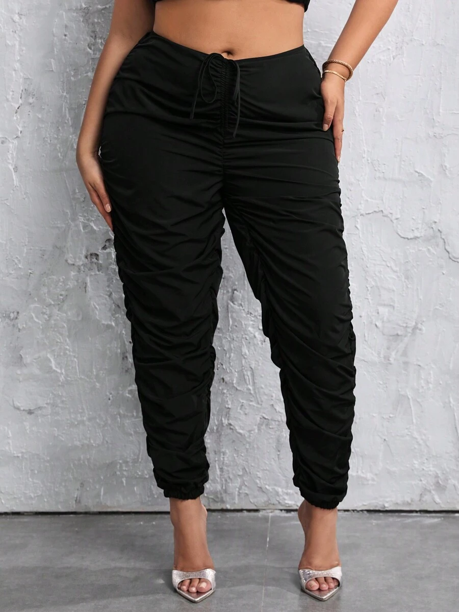 SHEIN SXY 大碼腰部抽繩褶邊長褲 - 黑色 - 查看 1