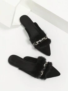 Women's Elegant Flat Pointed Toe Faux Suede Black Slippers With Fur Trim - Black - View 1
