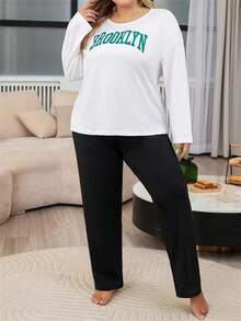 印有字母圖案的長袖睡衣套裝 - 黑與白 - 查看 3