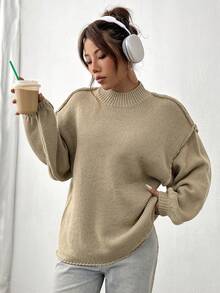 SHEIN Unity 寬鬆休閒百搭毛衣 - 卡其色 - 查看 5