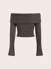 SHEIN ICON Gấp lại Off Shoulder Đồ đan Ribbed Áo len - Xám - Xem 2