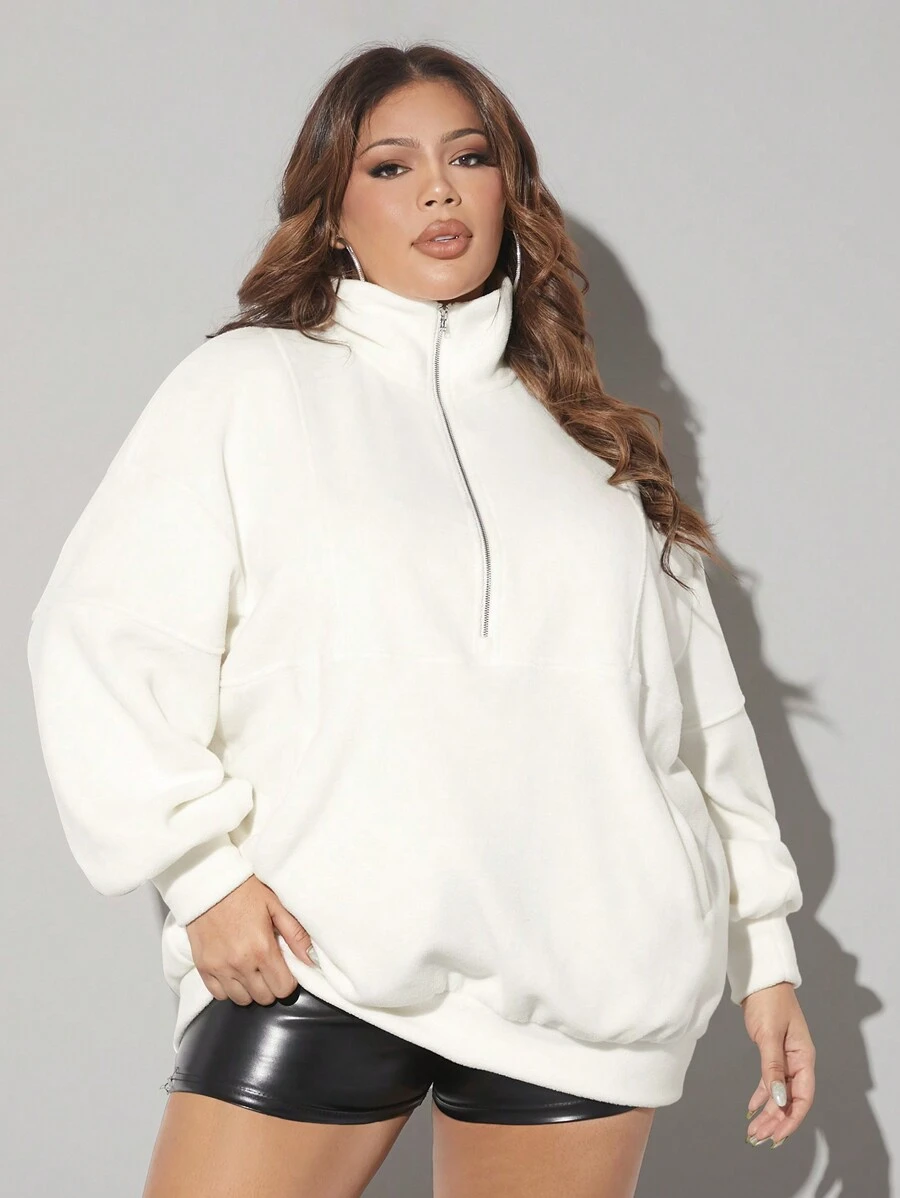 SHEIN SXY Plus Size White Warm Half Zipper Sweatshirt New Years Women Christmas - White - View 1