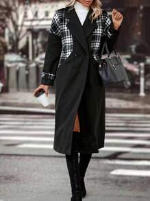 Calvaya Manteau En Laine À Carreaux Pour Femmes Avec Col Haut Et Patchwork
