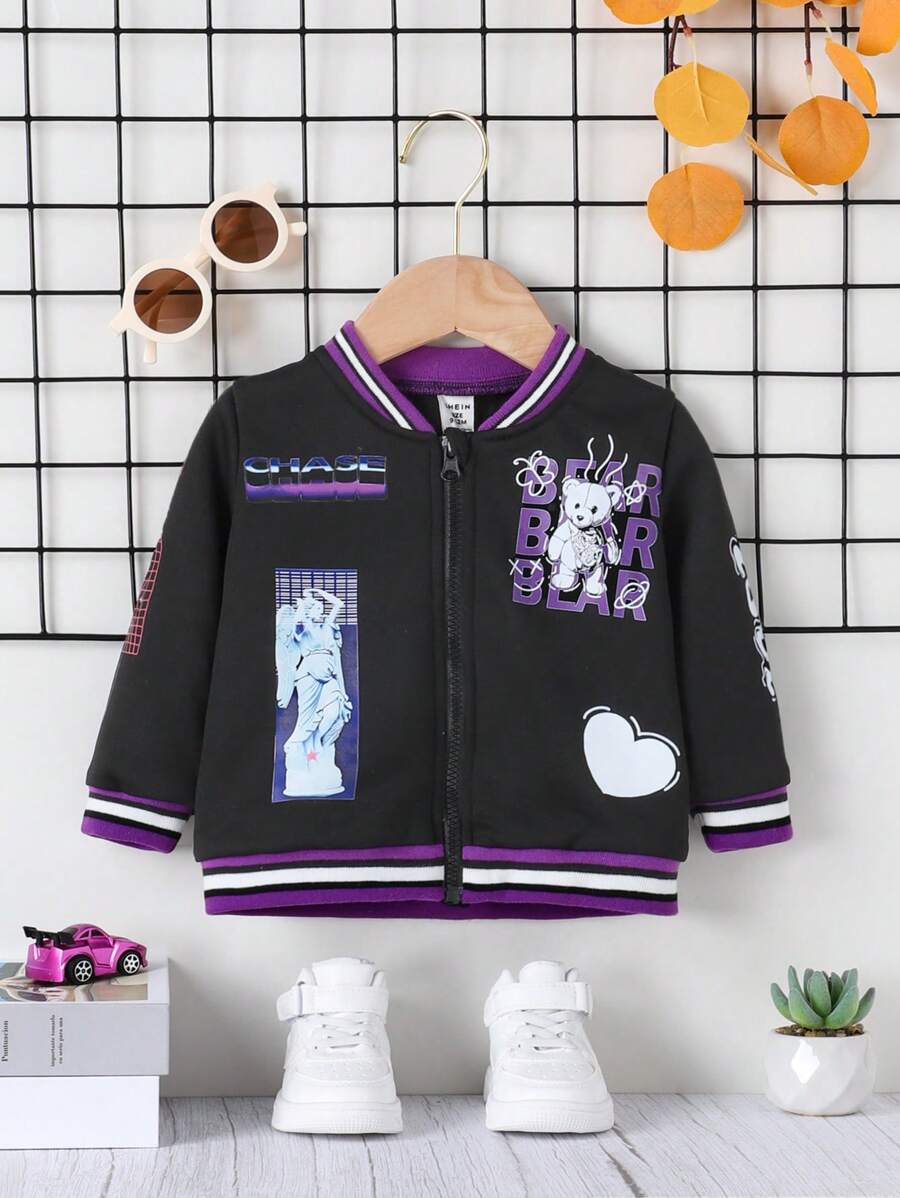 Baby Boy Letter Graphic Striped Trim Bomber Jacket - Black - View 1