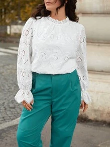 SHEIN Frenchy 大尺寸網刺繡女用褶邊襯衫 - 白色 - 查看 5