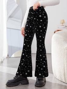 SHEIN 女大童星星印花喇叭褲 - 黑色 - 查看 5