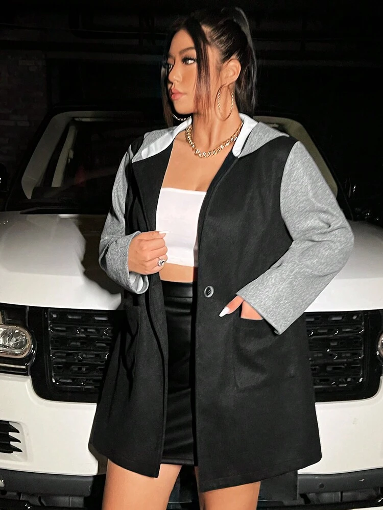 Plus Colorblock Single Button Hooded Overcoat