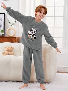 SHEIN 男孩卡通熊貓刺繡法蘭絨睡衣套裝 - 灰色 - 查看 5