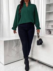 SHEIN CURVE+ 加荷葉邊袖前扣襯衫 - 墨綠色 - 查看 5