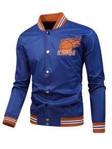 Manfinity Homme Lỏng lẻo phù hợp Nam Nút phía trước Áo khoác Với Lá thư Và In hoa bóng rổ - Màu xanh lam - Xem 1