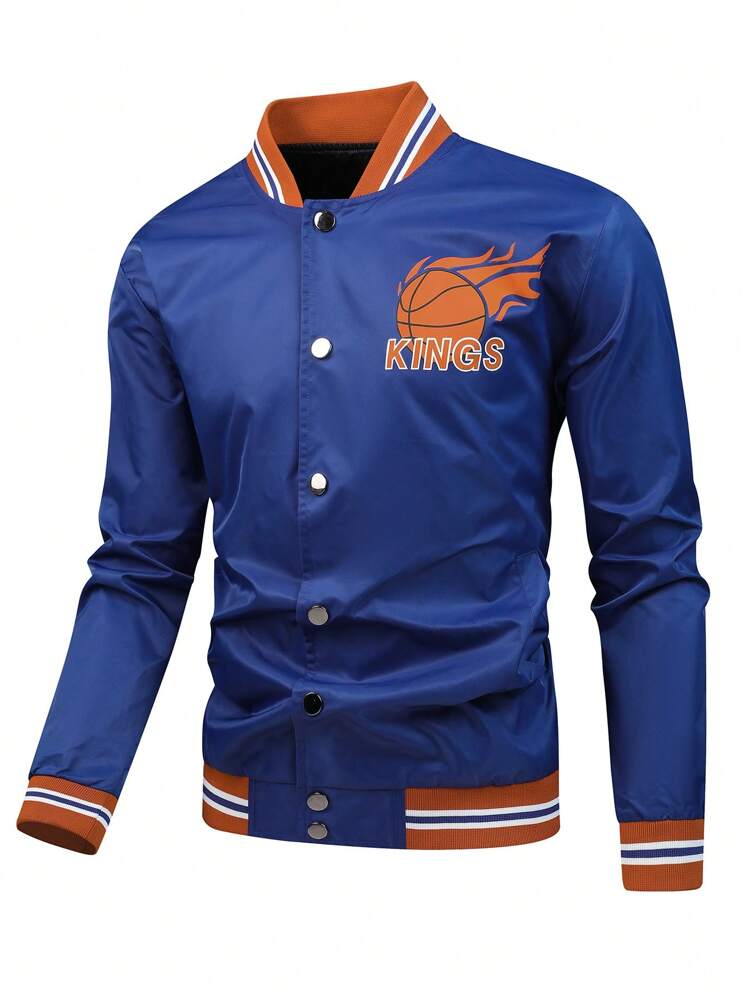 Loose Fit Men's Button Front Pilot Jacket With Letter And Basketball Print