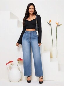 SHEIN Privé 直腳牛仔褲 - 中等水洗藍 - 查看 6