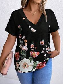 Camiseta De Manga Corta Con Cuello En V Y Estampado Floral De Talla Grande - Negro - Ver 5