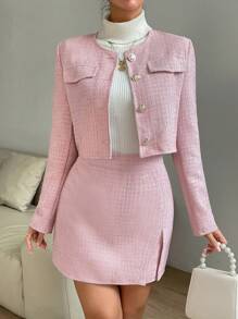 SHEIN Privé Jacket & Skirt Set, Tweed, No Sweater Included - Multicolor - View 3