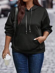 Calvaya Plus Size Kangaroo Pocket Drawstring Hooded Loose Sweatshirt - Black - View 5