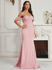 SHEIN Belle Off Shoulder Mermaid Hem Bridesmaid Dress Elegant Dress - Pink - View 4
