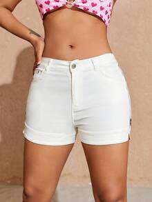 休闲纯色高腰口袋侧拉链修身短裤 - 白色 - 查看 4