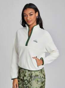 Milasneeze 艺术家女士半襟落肩运动衫，带字母刺绣和拉链，节日 - 米色 - 查看 4