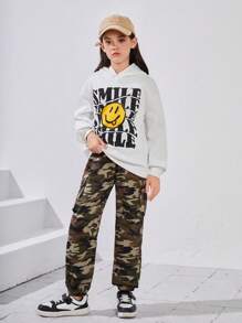 SHEIN Tween Girl Cartoon & Letter Graphic Hoodie & Camo Print Pants