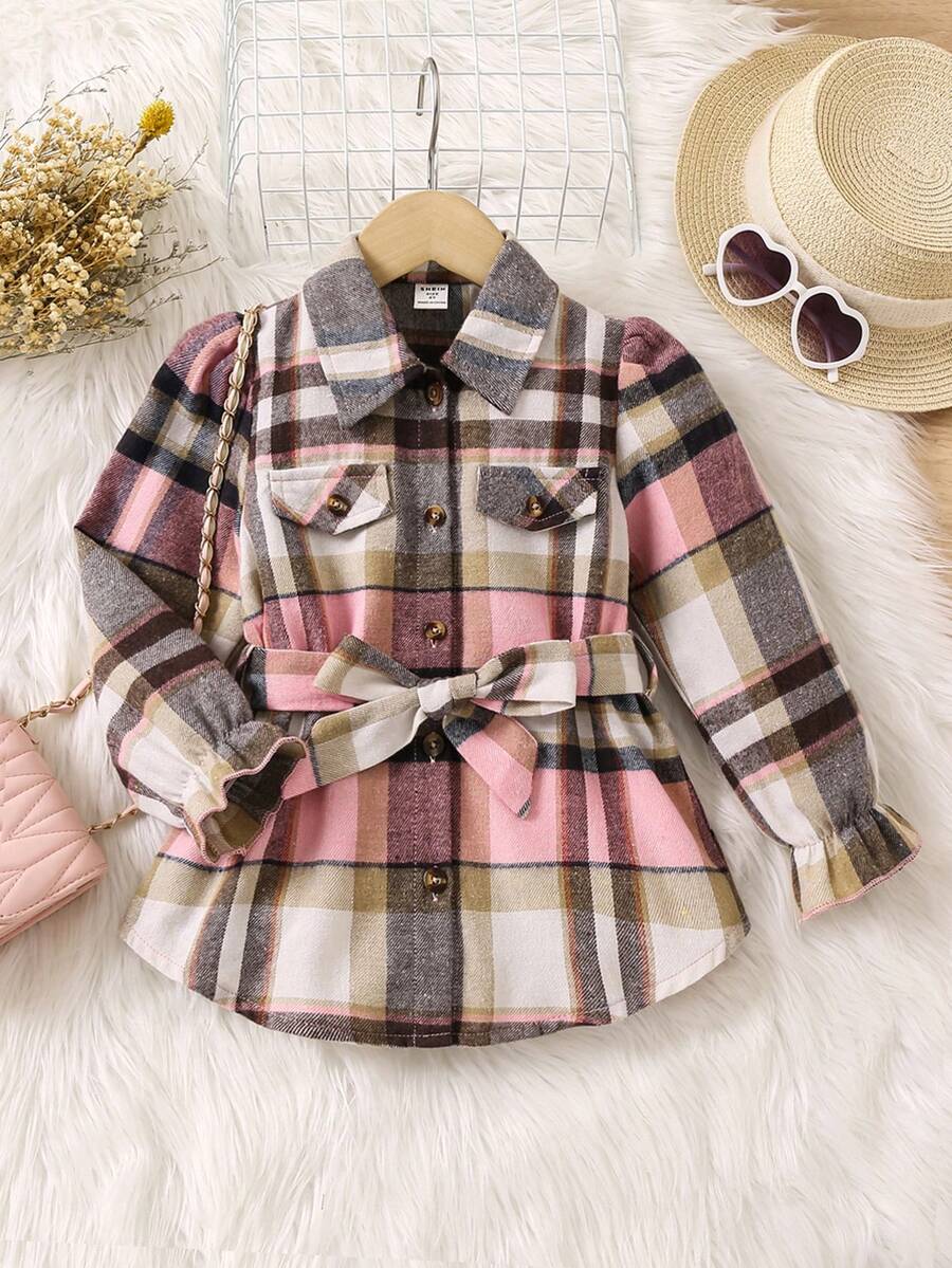 SHEIN Little Girls' Plaid Belted Button-down Shirt - Multicolor - View 1