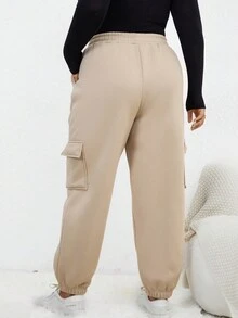 SHEIN LUNE 大碼側翻蓋口袋加絨內裏衛褲 - 卡其色 - 查看 2