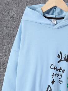 SHEIN Con trai Giải trí Áo nỉ có mũ Với Phim hoạt hình ếch in Thiết kế - Màu xanh lam - Xem 5