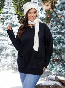 SHEIN LUNE Plus Drop Shoulder Pocket Patched Sweater - Black - View 4