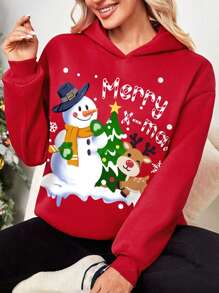 SHEIN LUNE Lỏng lẻo phù hợp Mẫu giáng sinh Thả vai Hoodie - Đỏ - Xem 6