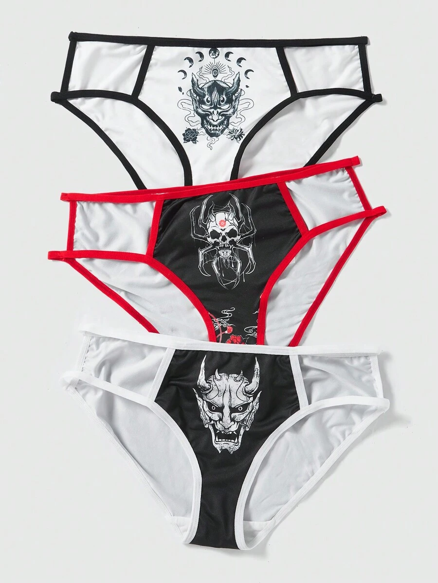 ROMWE J-Fashion 女性三入組骷髏、鬼、武士圖案內褲 - 彩色 - 查看 1